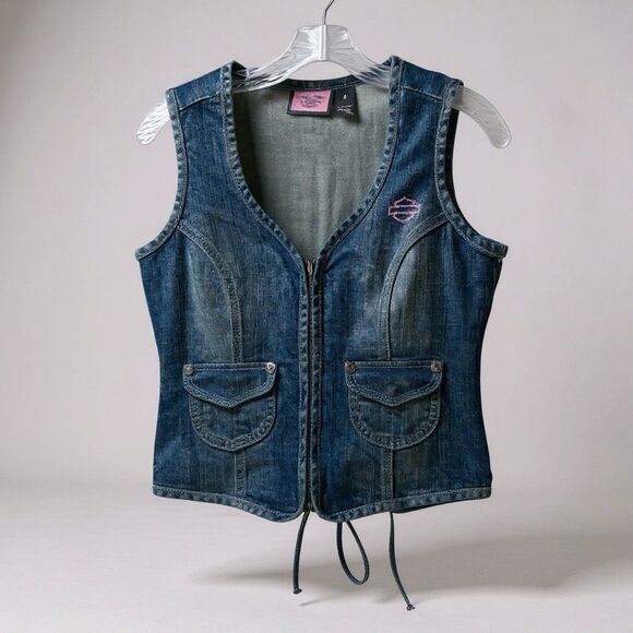 Harley Davidson Vest Jean S Blue Zip Up Embroidered Rhinestones Tie Back - Picture 2 of 12